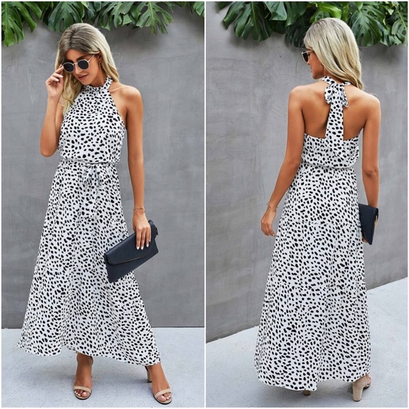 boho dalmatian dot halter maxi dress tie white - Picture 2 of 5